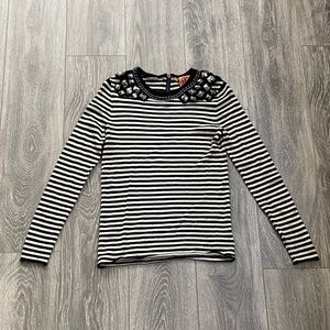 Tory Burch - Black & White Striped Long Sleeve Top w/ Embellished Neckline - XS